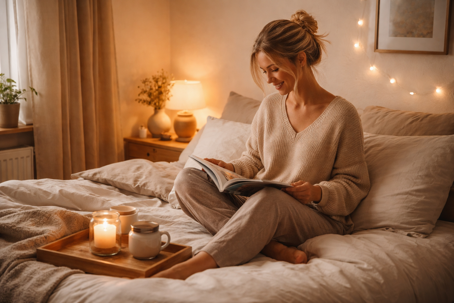 Atmosfærebillede for Smart Beauty: en afslappet aftenstemning med selvforkælelse – lys, ro, balance mellem skønhed, velvære og hverdag.