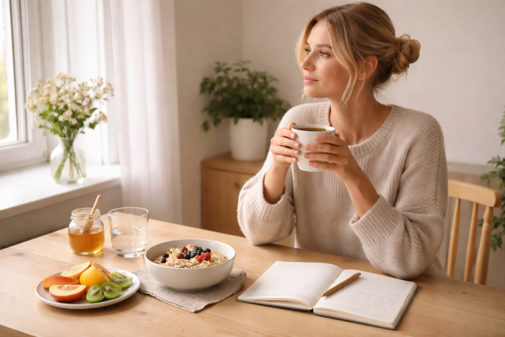 Servicebillede #3 til sundhed, kost og velvære: rolig morgenrutine med sund morgenmad, der understøtter budskaber om energi, søvn og sunde vaner.